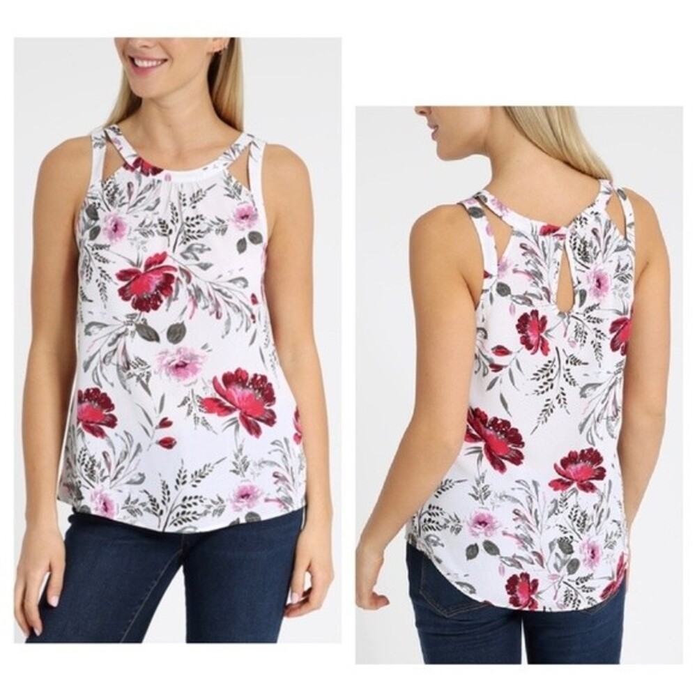 Kismet white red and pink floral cutout top size small NWT